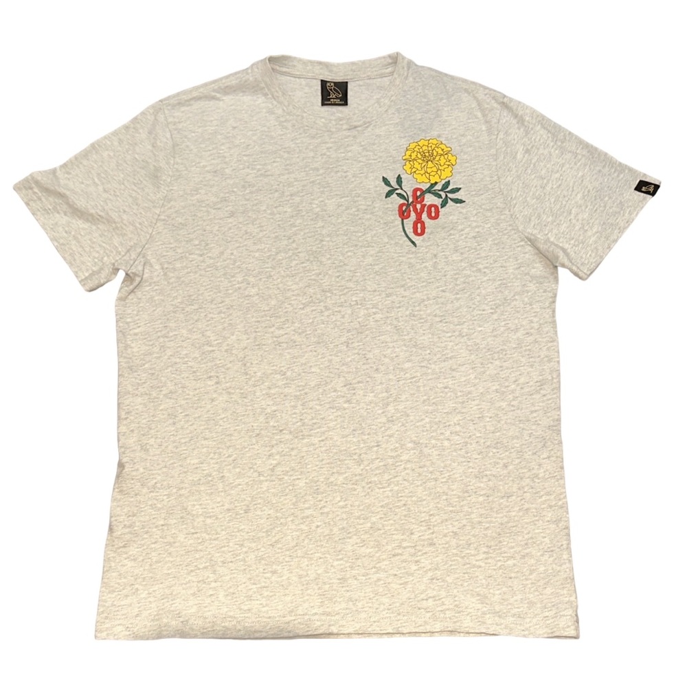 OVO unisex boxy marigold pom pom tee, heather eggshell grey, size medium.